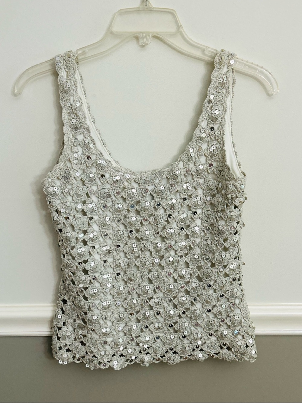 The Wrights Silver Grey Crochet Sequin Glam Chic Tank Top Size Extra Small